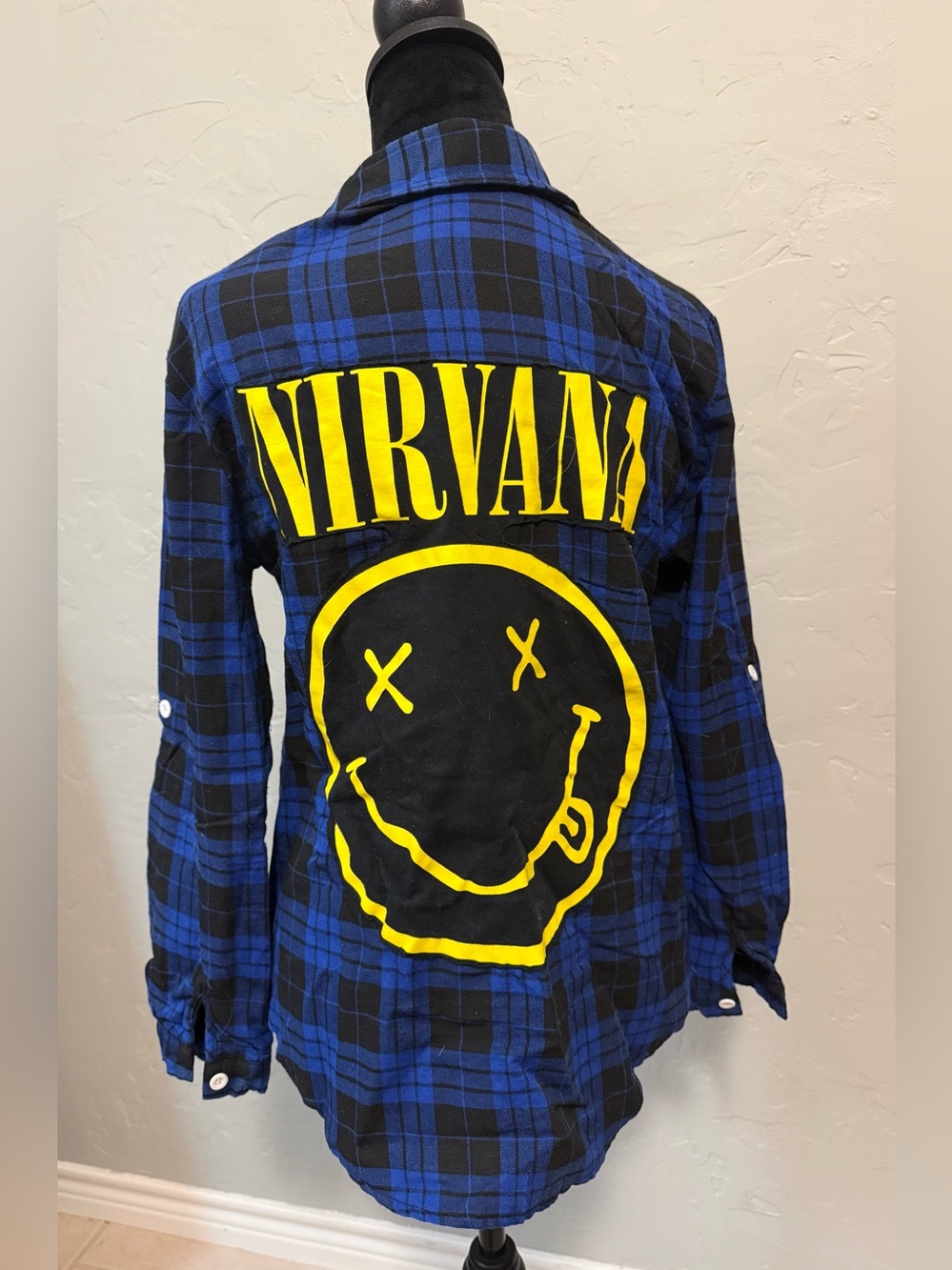 UPCYCLED NIRVANA Flannel Custom Vintage Grunge Chic Smiley Face Logo Size Small
